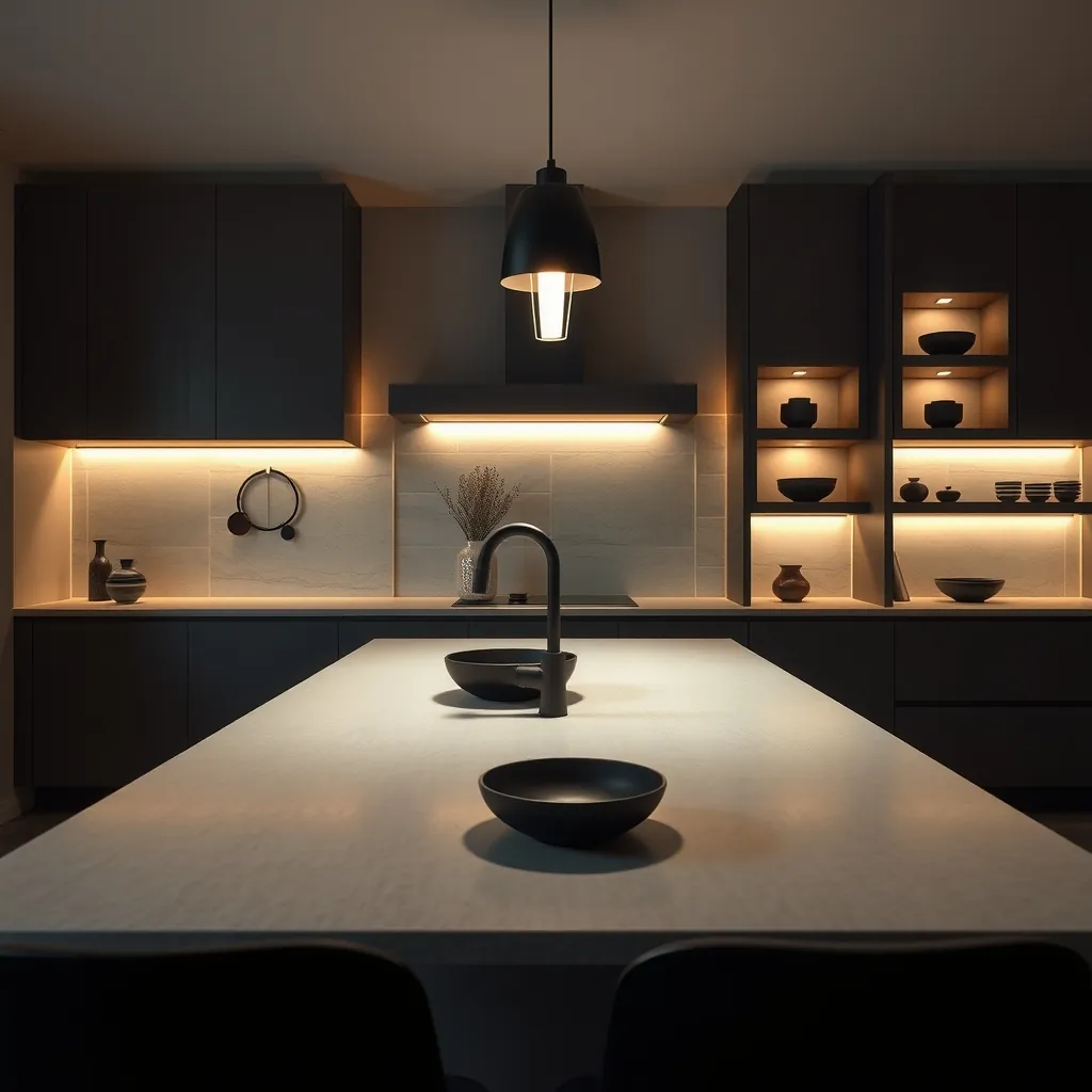 Cocina oscura con isla de piedra clara, grifería negra y luz LED cálida bajo las alacenas