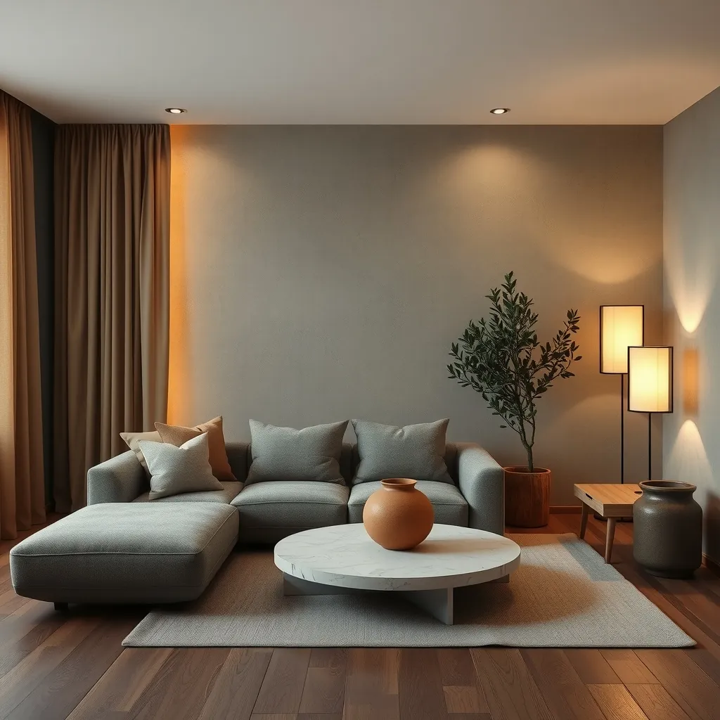 Living con cortinas de lino, sillón taupe, mesa de travertino y olivo en maceta