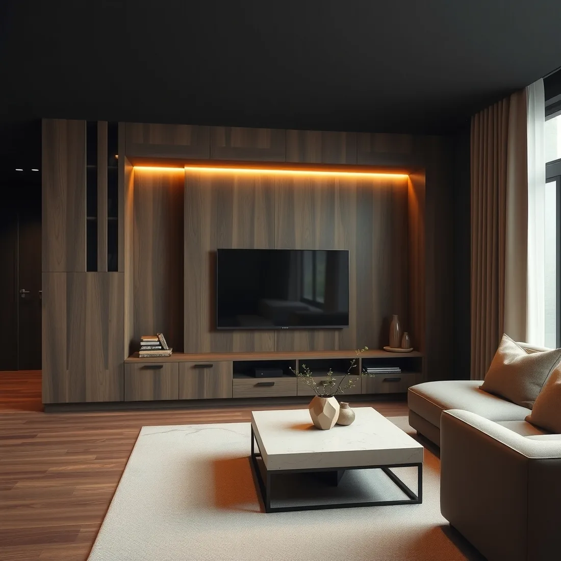 Mueble de living a medida en roble oscuro con nichos y luz LED cálida, sillón de bouclé