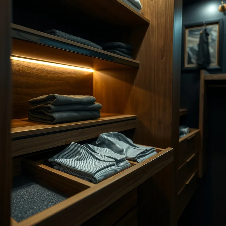Interior de placar con cajones de roble, bandejas forradas y barral iluminado